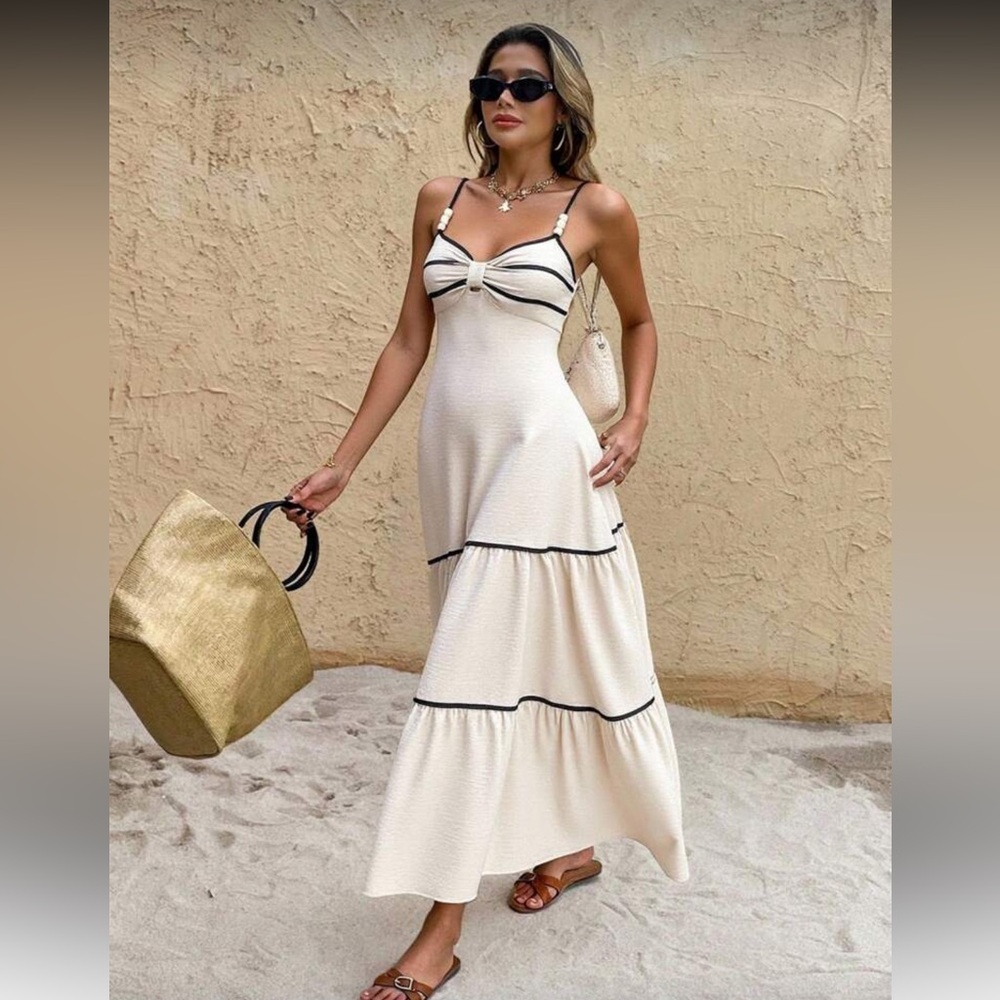 Elegant Cream Maxi Dress with Black Accents